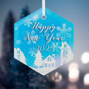 Ornement En Verre Bonne année 2023 Maison Blanche Bleue neige