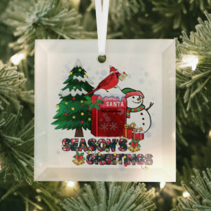 Ornement En Verre Bonnes Fêtes Snowman Mailbox Cardinal