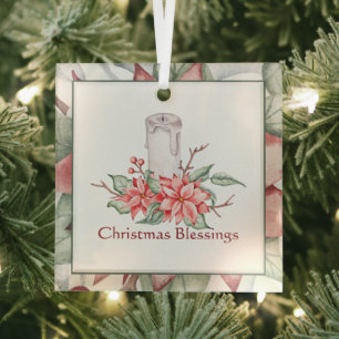 Ornement En Verre Bougie aquarelle et poinsettia Noël personnalisé 