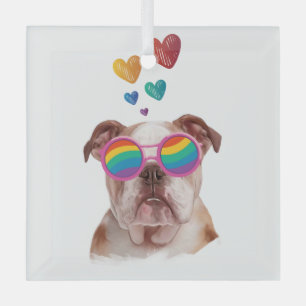 Ornement En Verre Bouledogue anglais avec coeurs Saint-Valentin