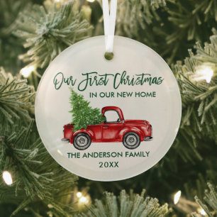 Ornement En Verre Brosse verte Script Noël Nouveau Home Camion rond