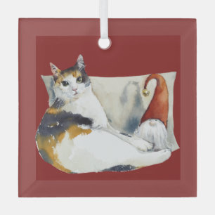 Ornement En Verre Calico Cat Gnome thème de Noël aquarelle