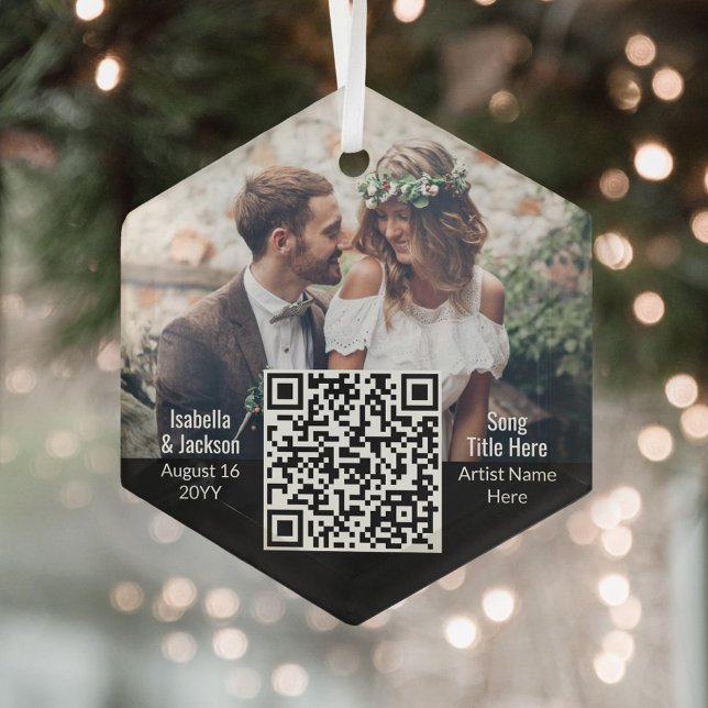 Ornement En Verre Chanson mariage QR Code & Photo Nouveaux mariés He (Créateur téléchargé)