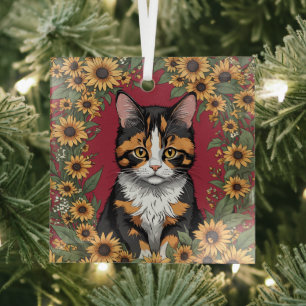 Ornement En Verre Chat calicot du Maryland et fleurs de Susan aux ye