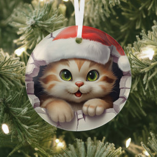 Ornement En Verre Chat de Noël mignon à travers le mur illustré