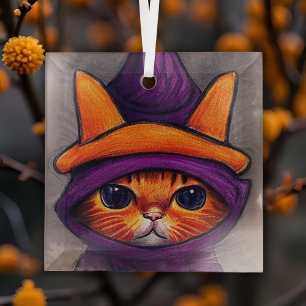 Ornement En Verre Chat orange avec chapeau de sorcière violet Hallow