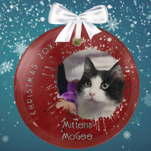 Ornement En Verre Chat sur motif éclaboussé rouge Noël 2025