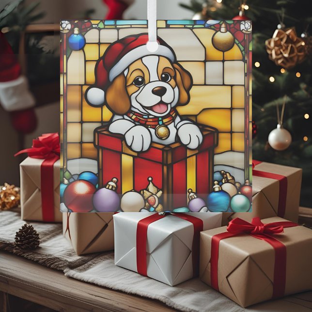 Ornement En Verre Chiot de Noël Enveloppé Faux Vitrail (Créateur téléchargé)