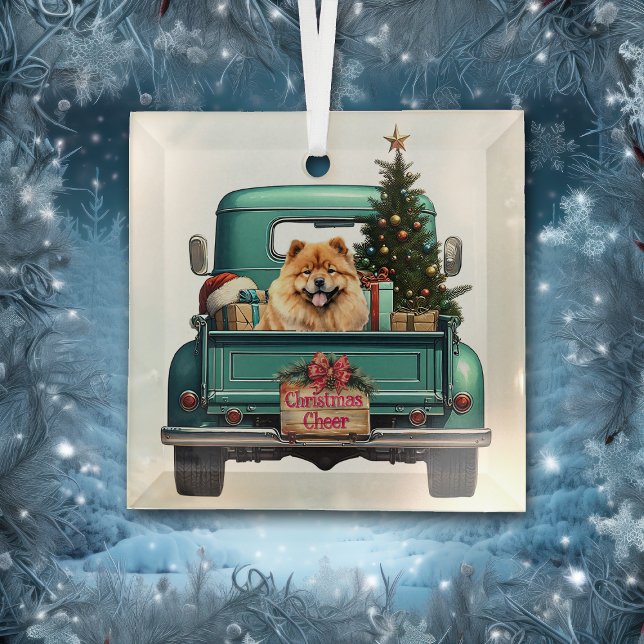 Ornement En Verre Chow Chow Retro Truck Noël (Créateur téléchargé)