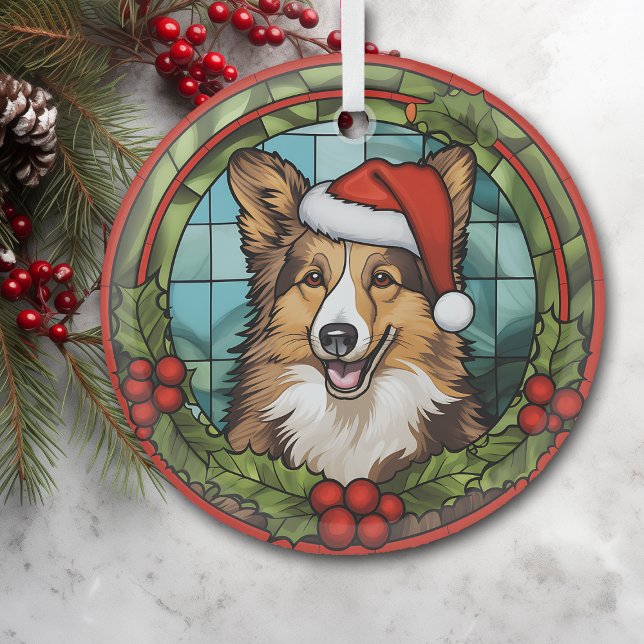 Ornement En Verre Christmas Holly Santa Hat Shetland Sheepdog (Créateur téléchargé)