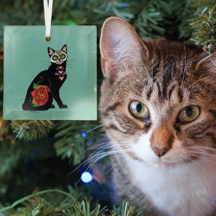 Ornement En Verre Crâne de Sucre Chat Noir Rose Turquoise Cœur