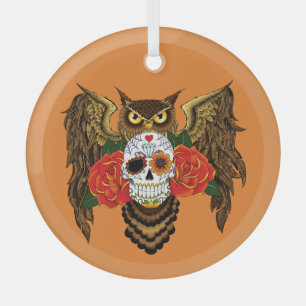 Ornement En Verre Crâne de sucre vibrant hibou roses rouges