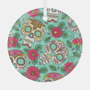Ornement En Verre Crâne et fleurs mexicaines, sans soudure.