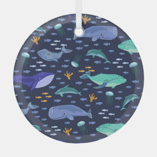 Ornement En Verre Créatures marines : baleines, méduses motif.
