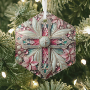 Ornement En Verre Croix avec Poinsettias et Perles
