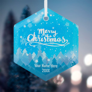Ornement En Verre Custom Blue Crystal Snow & Forest Merry Christmas