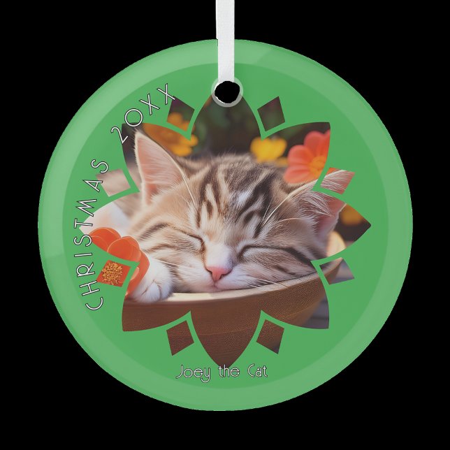 Ornement En Verre Custom Cat Photo Framed in Flower on Green  (Créateur téléchargé)