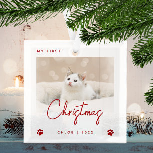 Ornement En Verre Cute Photo Kitten 1er Noël Empreintes de pattes Ro