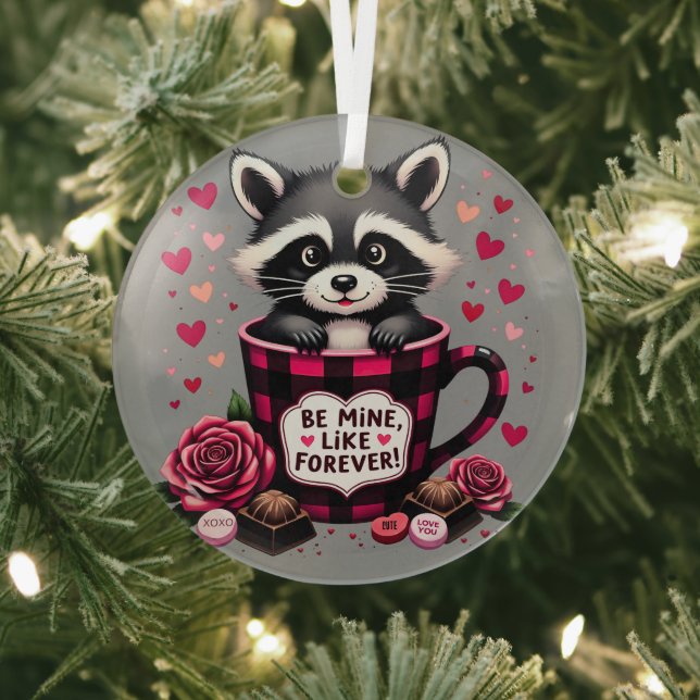 Ornement En Verre Cute Raccoon Valentine Buffalo Plaid (Insitu)