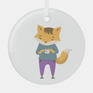 Ornement En Verre Cute renard avec tasse de thé