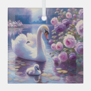 Ornement En Verre Cygnet blanc avec Roses violets