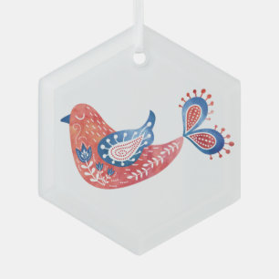 Ornement en verre d'art populaire aux oiseaux roug