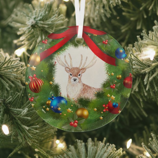 Ornement En Verre Deer looking through a Christmas Wreath (Insitu)
