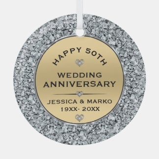 Ornement En Verre Diamants blancs et or 50e anniversaire de Mariage
