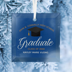 Ornement En Verre Diplôme personnalisé Bleu Or Noël des diplômés