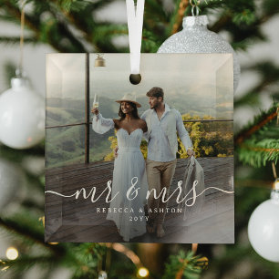 Ornement En Verre Écriture élégante et photo personnalisée de Noël p