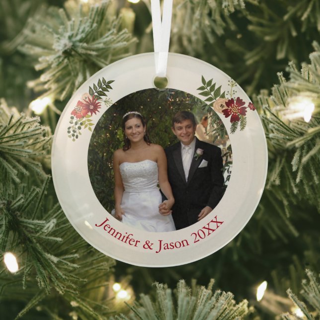 Ornement En Verre Élégant Mariage Floral photo Keepsaké Noël (Insitu)