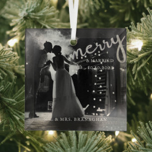 Ornement En Verre Elegant Newlywed Photo Merry and Married