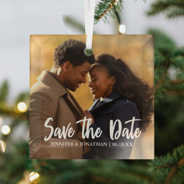 Ornement En Verre Elegant Save the Date Engagement Photo Christmas (Créateur téléchargé)