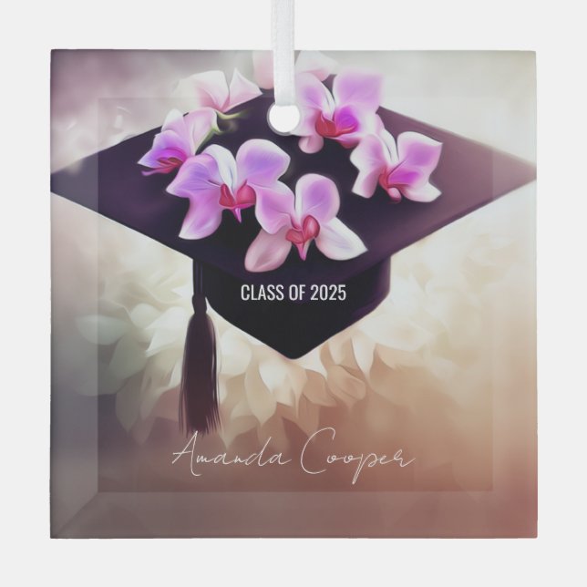 Ornement En Verre Élégant Unique Orchidées Graduation (Recto)