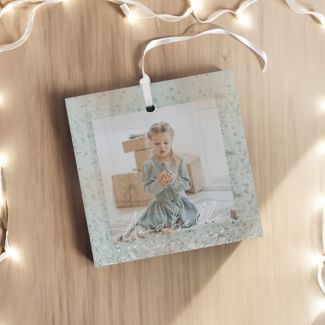 Ornement En Verre Elégante Monnaie Vert Parties scintillant Argent S (Elegant Mint Green Silver Glitter Sparkle Photo Glass Ornament)