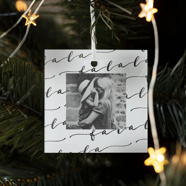 Ornement En Verre FA LA White Calligraphie de Noël Photo (FA LA LA White Calligraphy Christmas Photo Glass Ornament)