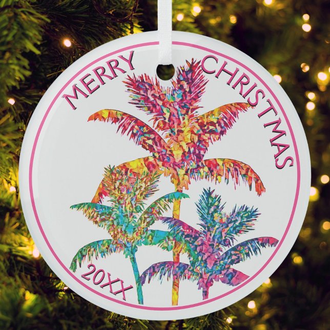 Ornement En Verre Festif Tropical Palmiers Noël (Palm Tree Pop Art Merry Christmas Ornament)