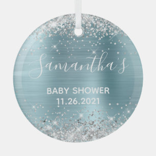 Ornement En Verre Fête de Bébé Paillettes Argentées Bleu Feuille