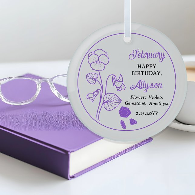 Ornement En Verre Février Violets Floral Améthyste Anniversaire Keep (February Violets Floral | Amethyst Gemstone Birthday Keepsake Glass Ornament)