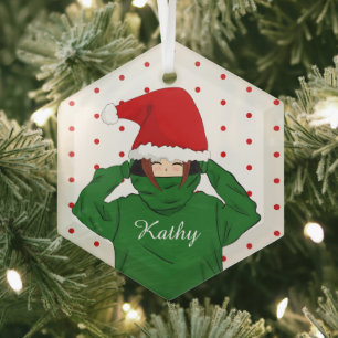 Ornement En Verre Fille mignonne avec Hoody Verte Santa Hat Noël