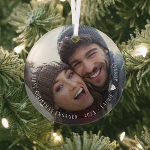 Ornement En Verre First Christmas Engaged Script Photo Ceramic