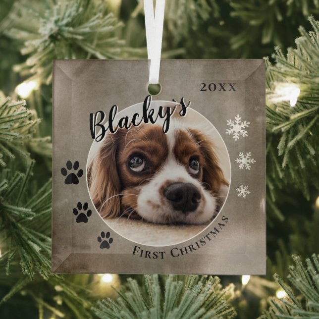 Ornement En Verre First Puppy Christmas Rustic Chien Nom Photo (Insitu)
