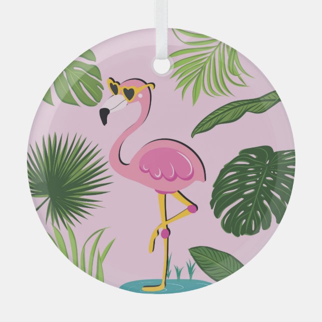 Ornement En Verre Flamant rose Palm Feuille Tropical Design (Recto)