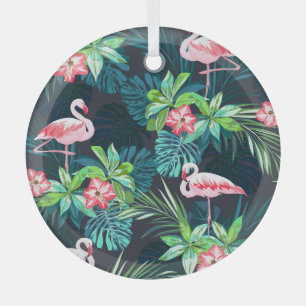 Ornement En Verre Flamant rose tropical : Fleurs d'été Motif