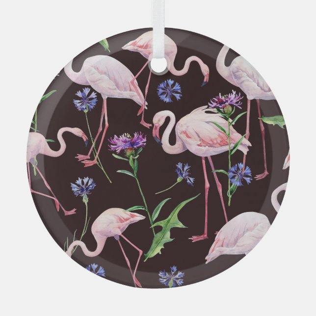 Ornement En Verre Flamants d'aquarelle et fleurs sauvages motif. (Recto)