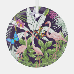 Ornement En Verre Flamants roses, plantes tropicaux : motif vintage.