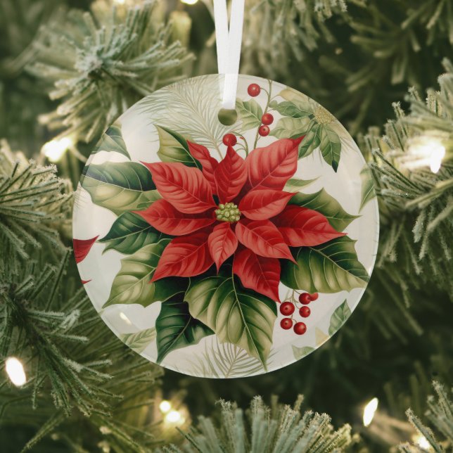 Ornement En Verre Fleur Rouge Vert Poinsettia Noël (Insitu)
