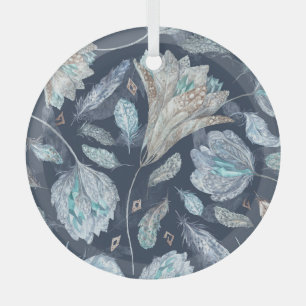 Ornement En Verre Fleurs Boho Chic : Aquarelle bleu foncé P