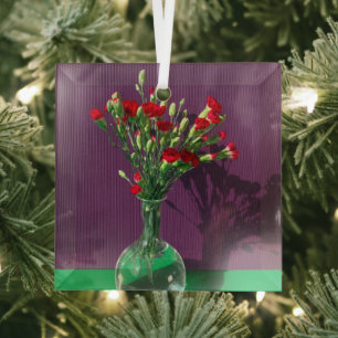 Ornement En Verre Fleurs   Bouquet Carantion Rouge