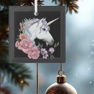 Ornement En Verre Fleurs de rose rose Licorne Blanche Enchantée